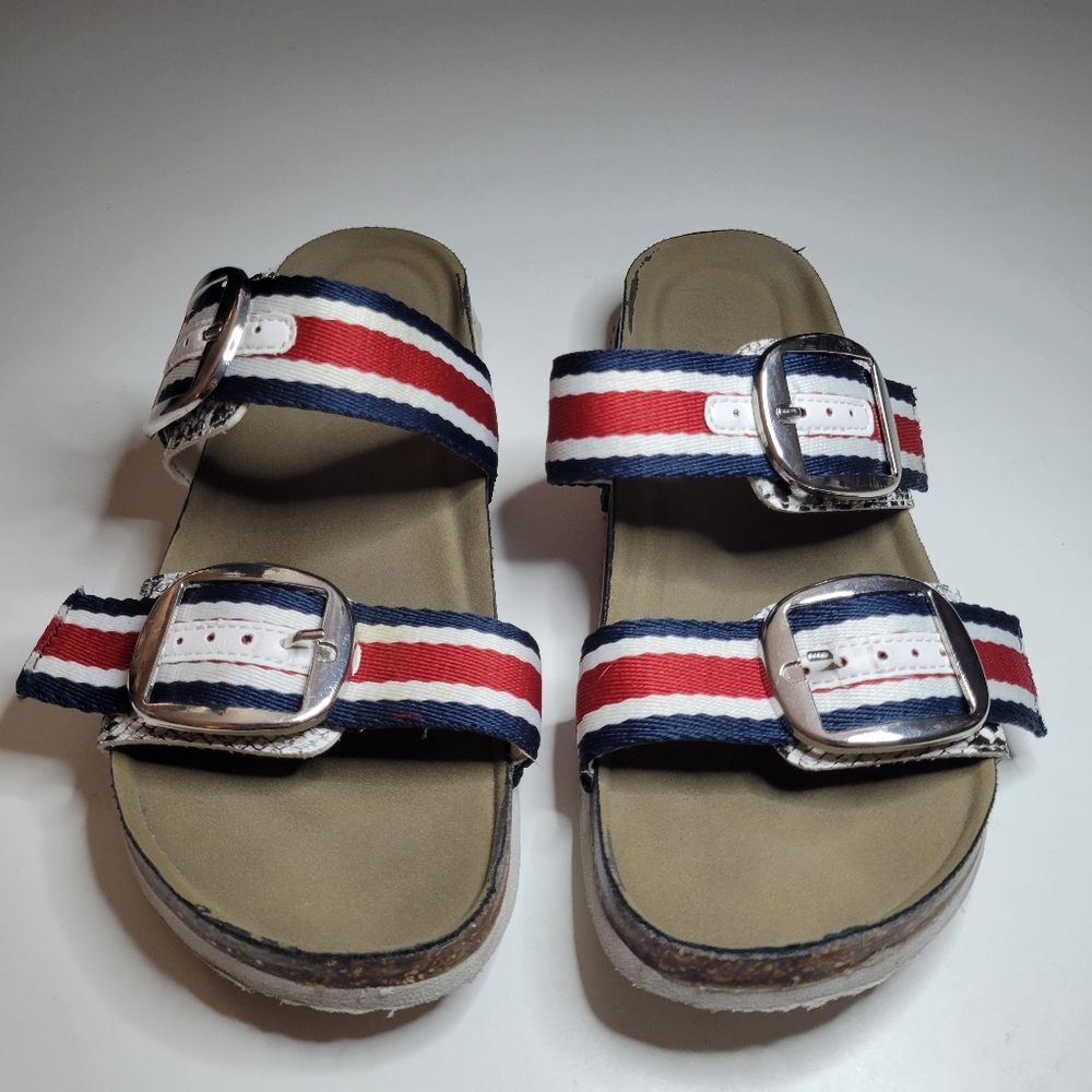 Madden Girl Women's Size 7 Sandals Red White Blue Striped Slip On Flat Slides